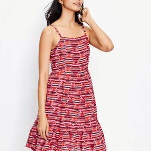 NEW Loft Red Print Lined Tiered Dress Spaghetti Strap